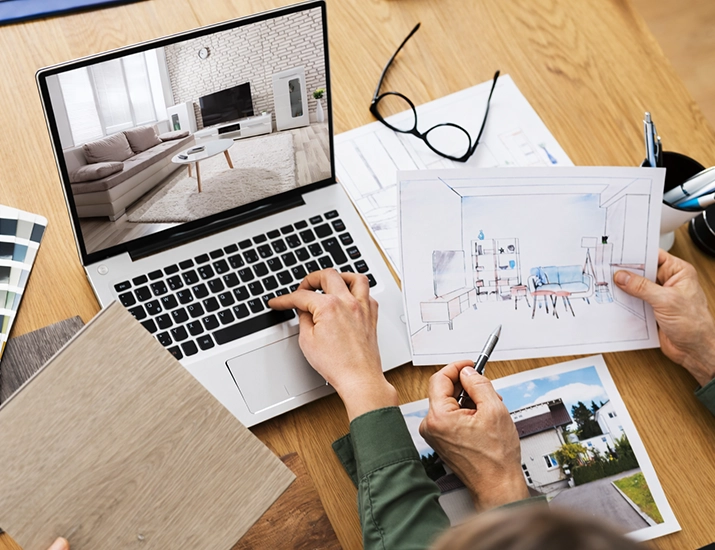 Conception d'intérieur avec plans et simulation 3D But Pro sur ordinateur portable Personne travaillant sur un projet d'aménagement intérieur avec un ordinateur portable affichant un salon, des croquis de décoration, des échantillons de matériaux et des documents sur une table en bois