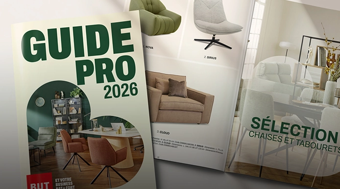 Couverture et pages intérieures du Guide Pro 2026 présentant des fauteuils, chaises et mobilier moderne pour espaces professionnels